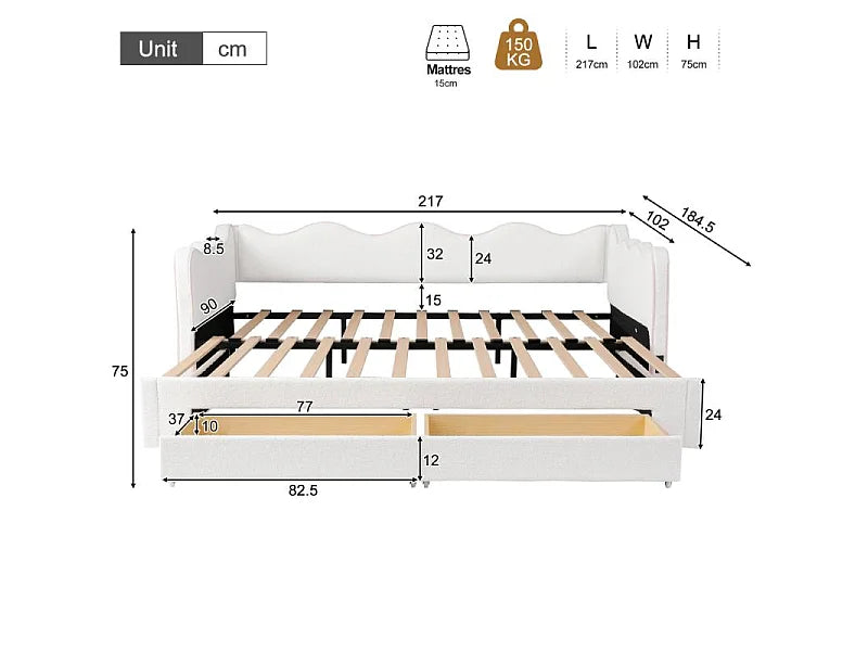 Lit Coffre 90x200 Tissu Bouclette Beige avec Tiroirs et Port USB — vue 4