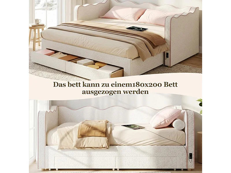 Lit Coffre 90x200 Tissu Bouclette Beige avec Tiroirs et Port USB — vue 5