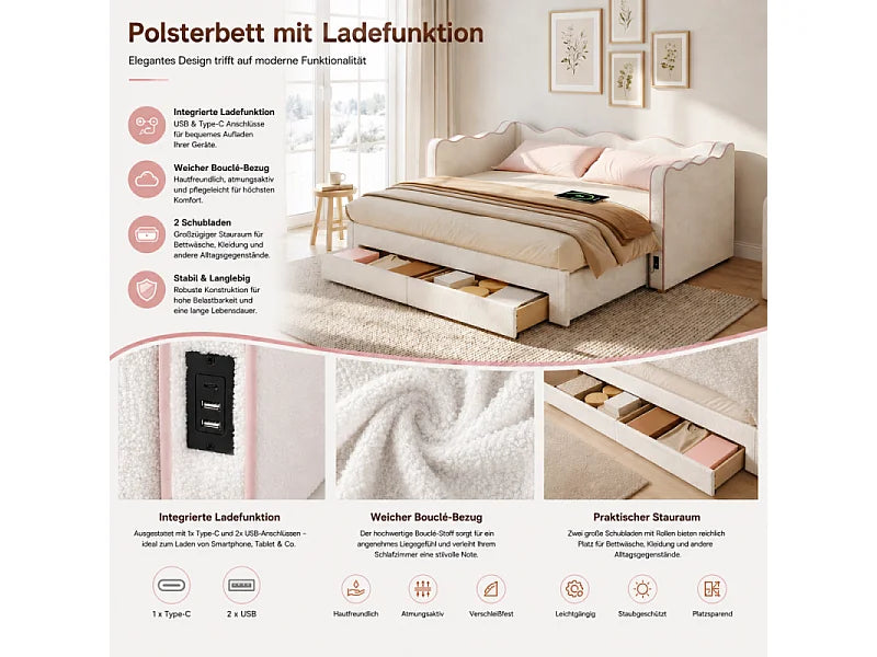 Lit Coffre 90x200 Tissu Bouclette Beige avec Tiroirs et Port USB — vue 6