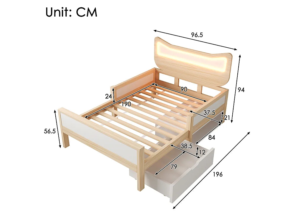 Lit Coffre 90x190 Bois Blanc avec LED — vue 4
