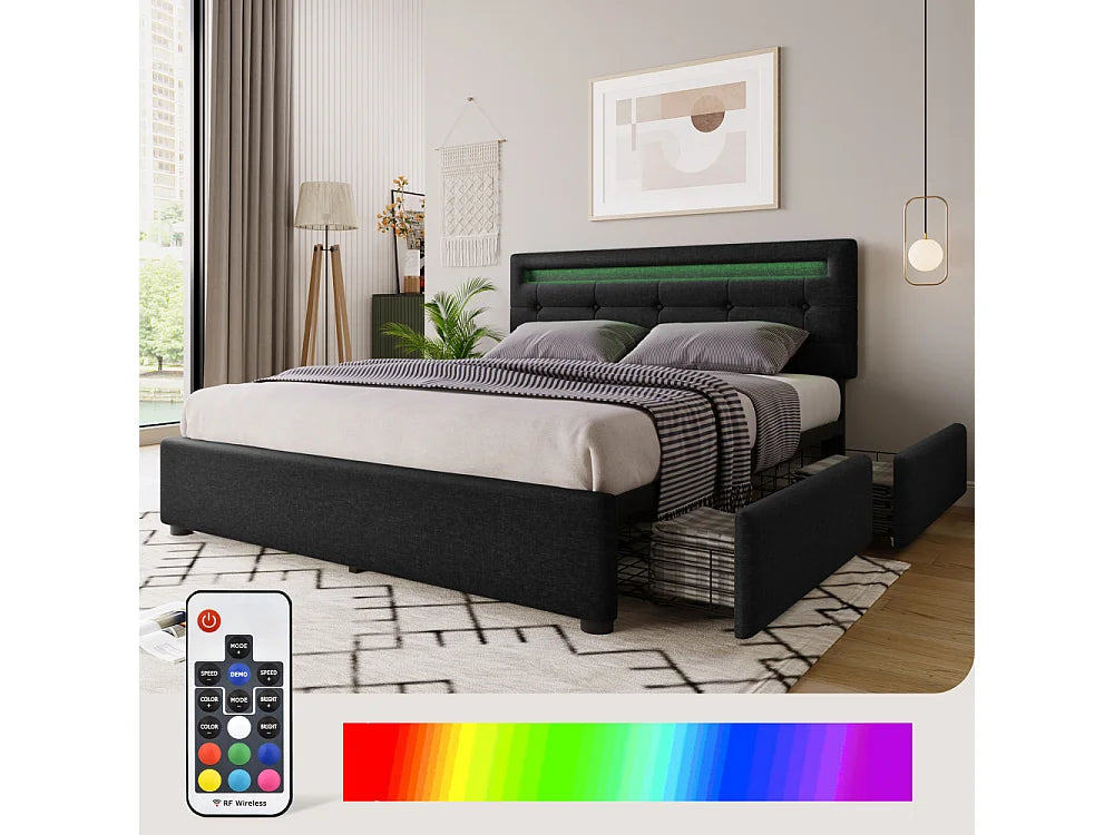 Lit Coffre 140x200 Tissu Lin Noir avec Matelas, LED et Tiroirs — vue 2