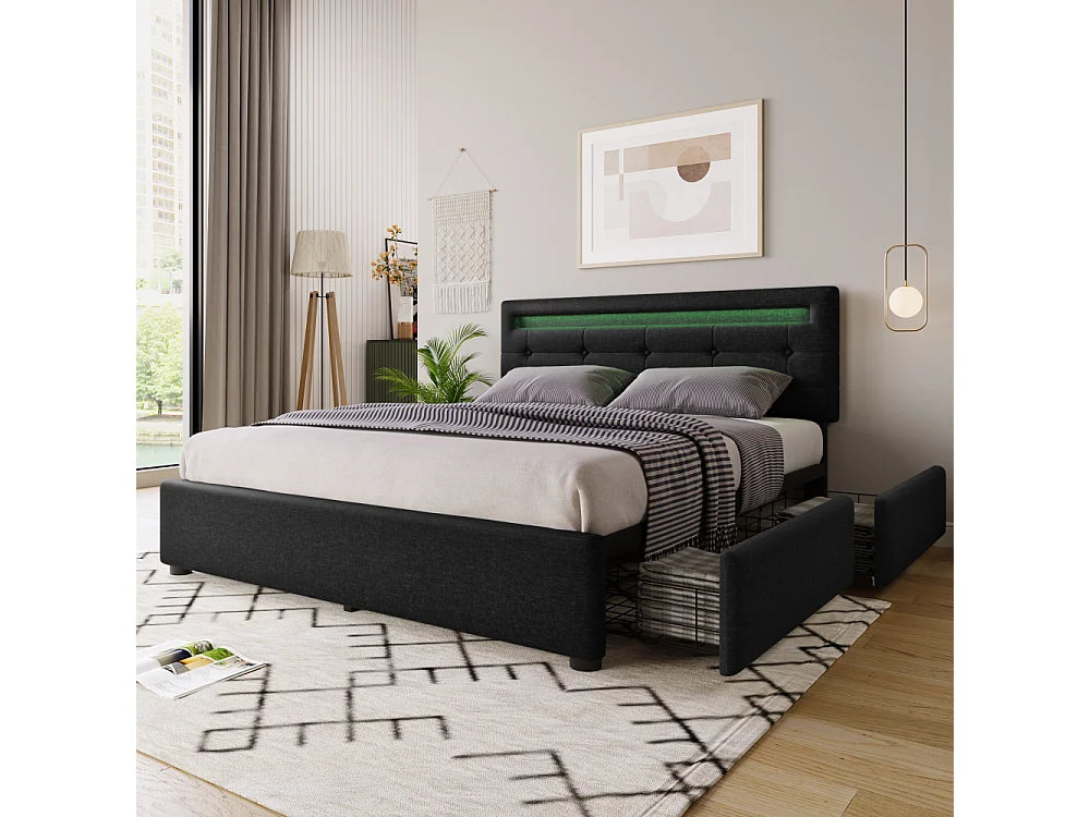 Lit Coffre 140x200 Tissu Lin Noir avec Matelas, LED et Tiroirs — vue 5
