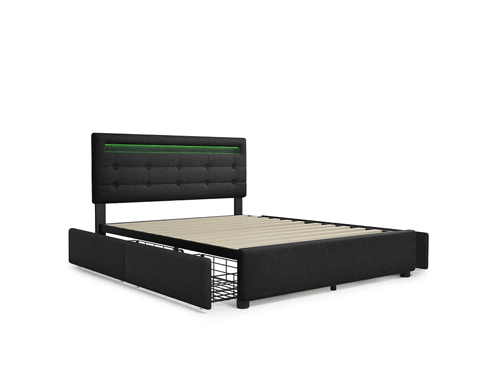 Lit Coffre 140x200 Tissu Lin Noir avec Matelas, LED et Tiroirs — vue 9