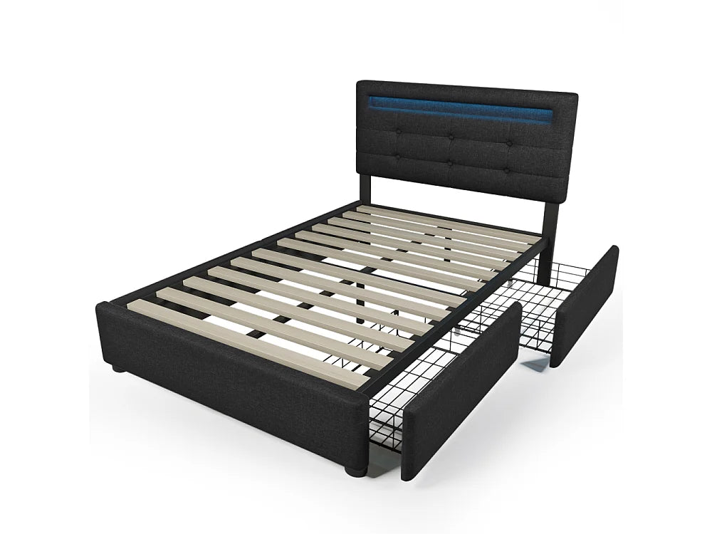 Lit Coffre 90x200 Bois Noir avec Matelas, LED et Tiroirs — vue 3