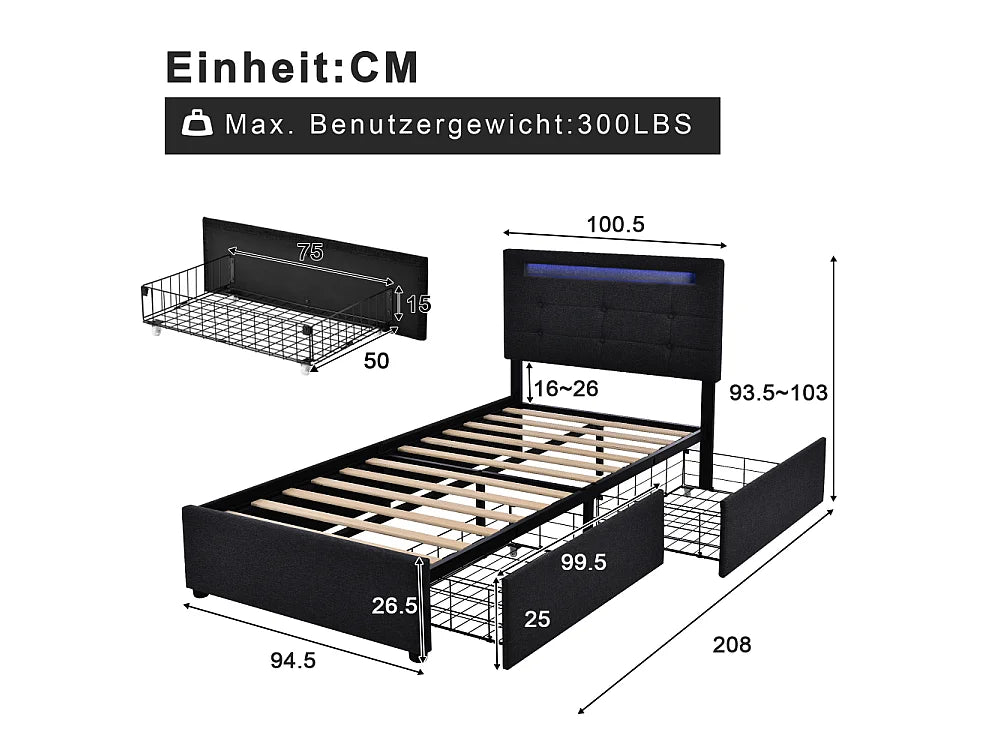 Lit Coffre 90x200 Bois Noir avec Matelas, LED et Tiroirs — vue 4