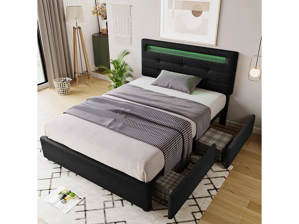 Lit Coffre 90x200 Bois Noir avec Matelas, LED et Tiroirs — vue 6