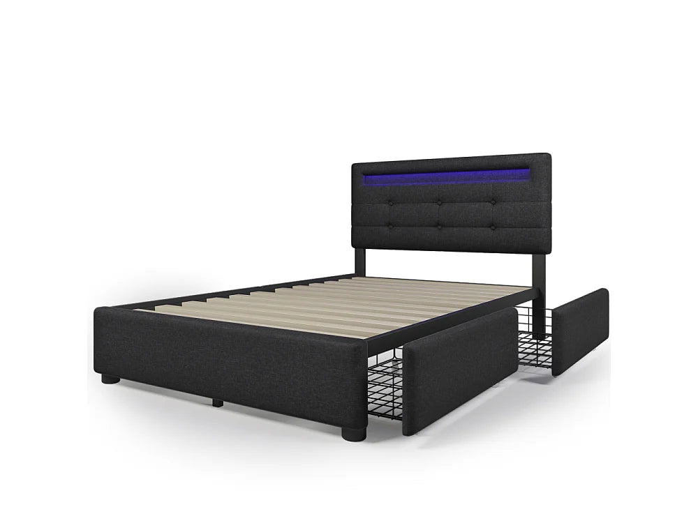 Lit Coffre 90x200 Bois Noir avec Matelas, LED et Tiroirs — vue 7