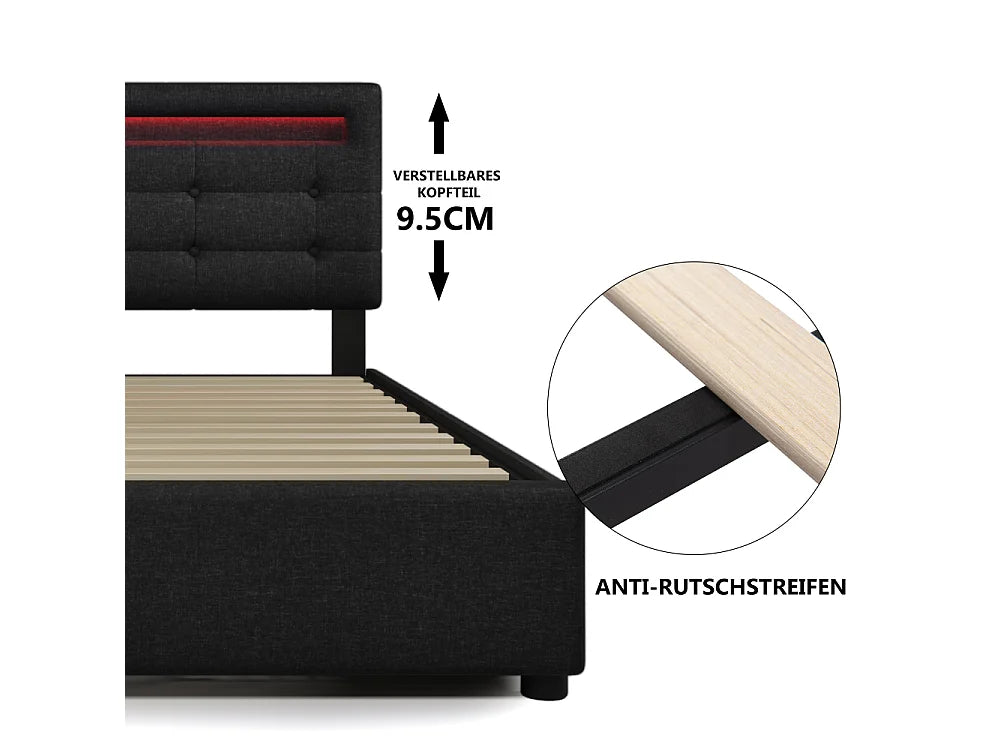 Lit Coffre 90x200 Bois Noir avec Matelas, LED et Tiroirs — vue 8
