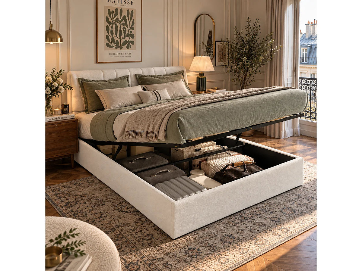 Lit Coffre 140x190 Velours Blanc Capitonné avec Chevets et Port USB