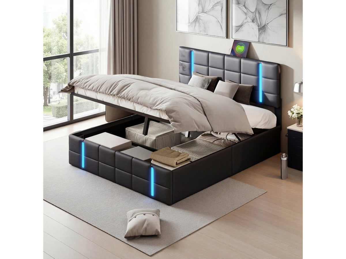 Lit Coffre 160x200 Simili Cuir Noir avec Chevets, Matelas, LED et Port USB
