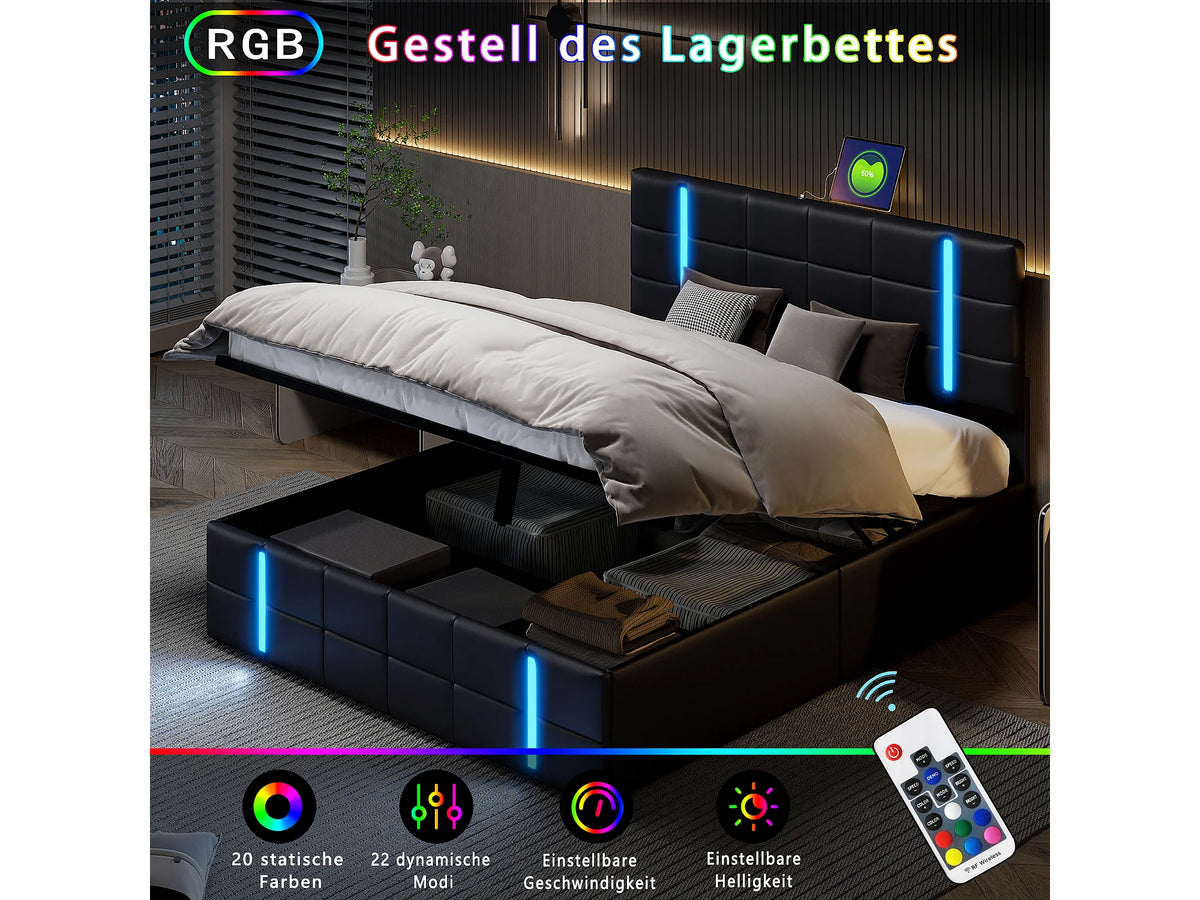 Lit Coffre 160x200 Simili Cuir Noir avec Chevets, Matelas, LED et Port USB — vue 3