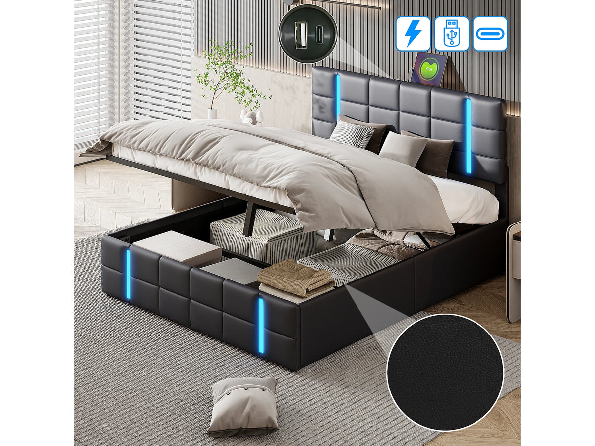 Lit Coffre 160x200 Simili Cuir Noir avec Chevets, Matelas, LED et Port USB — vue 4