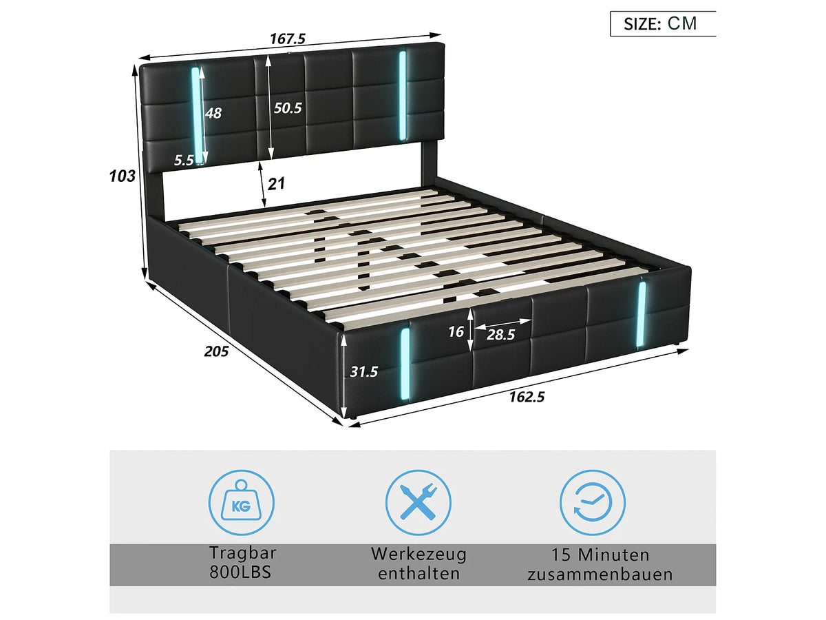 Lit Coffre 160x200 Simili Cuir Noir avec Chevets, Matelas, LED et Port USB — vue 5