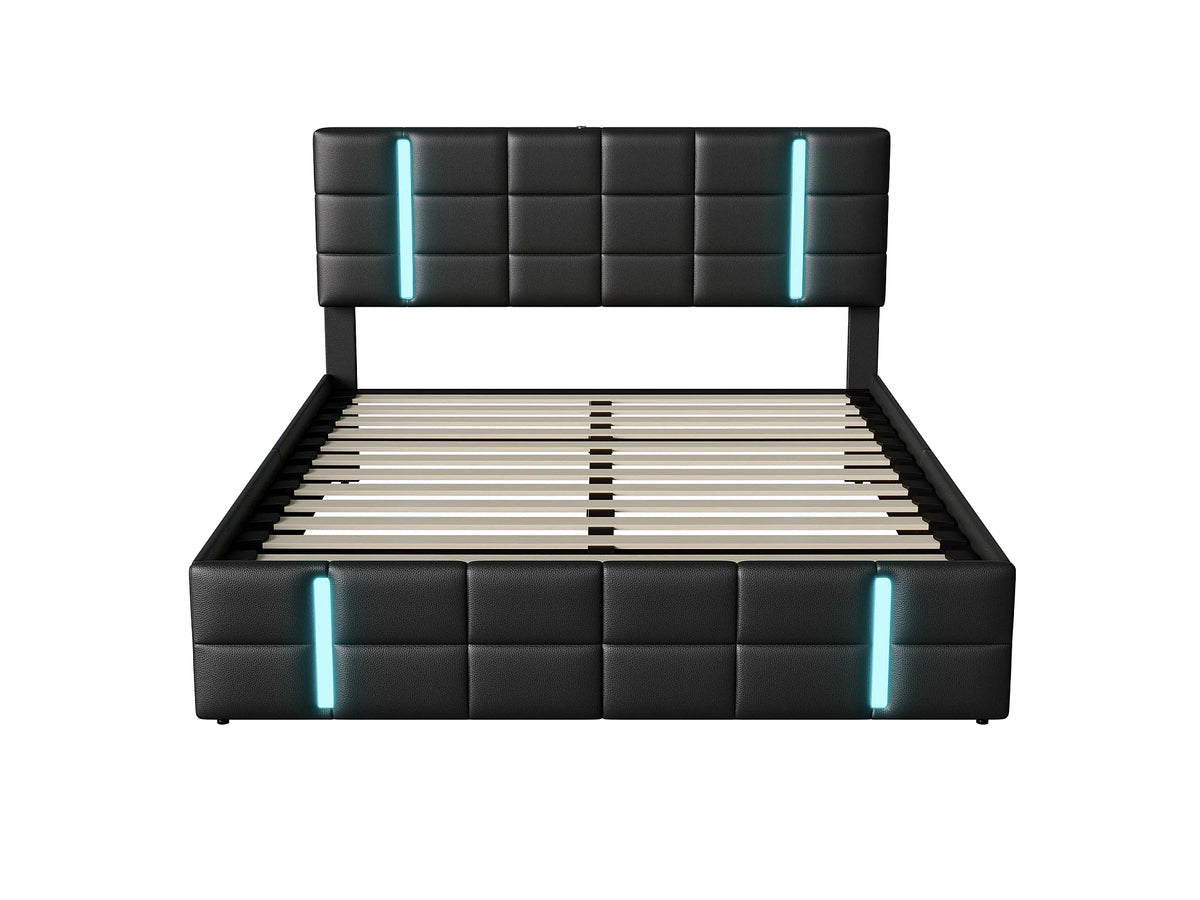 Lit Coffre 160x200 Simili Cuir Noir avec Chevets, Matelas, LED et Port USB — vue 7
