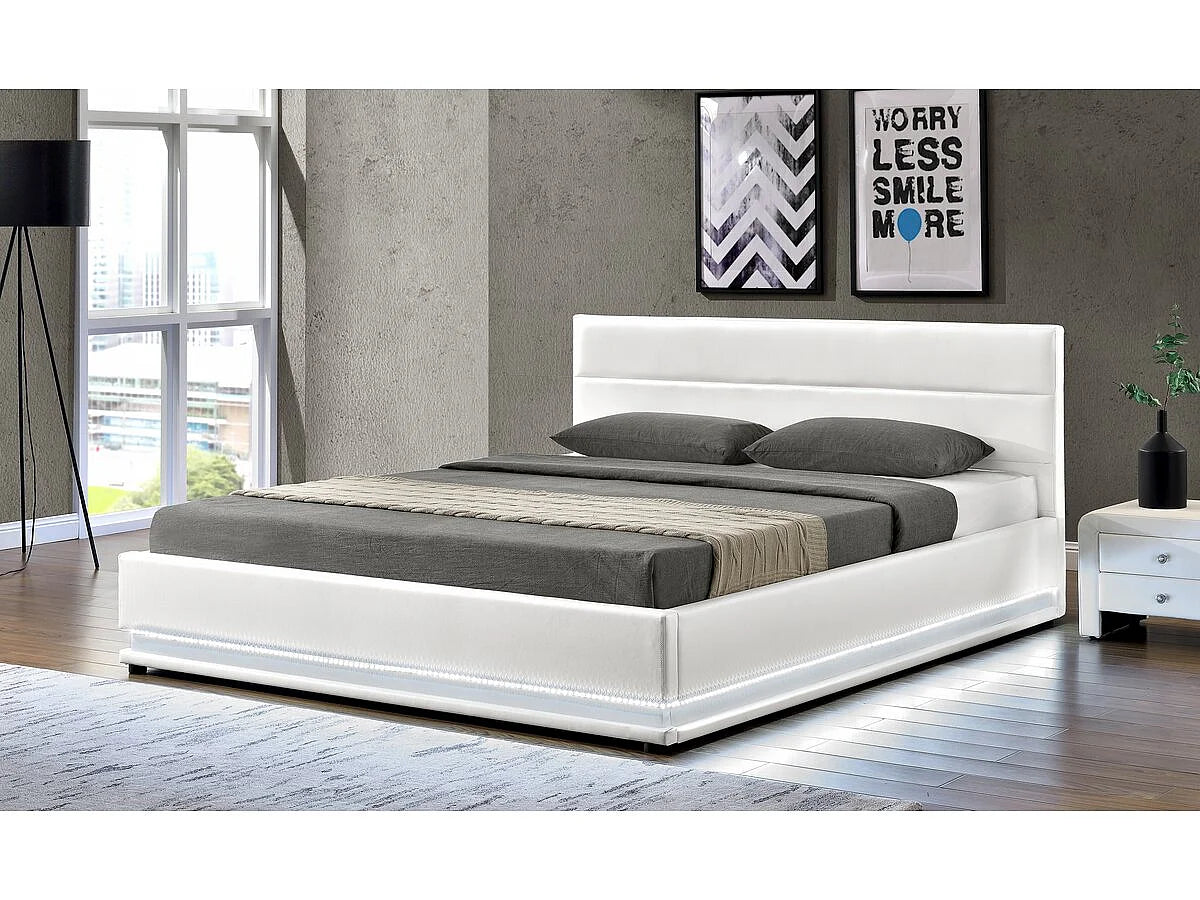 Lit Coffre 160x200 Simili Cuir Blanc avec LED