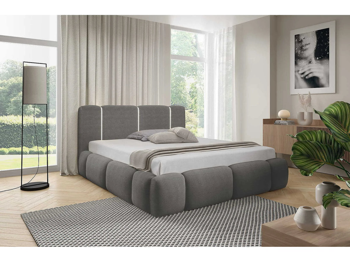 Lit Coffre 200x200 Tissu Gris avec LED — vue 2