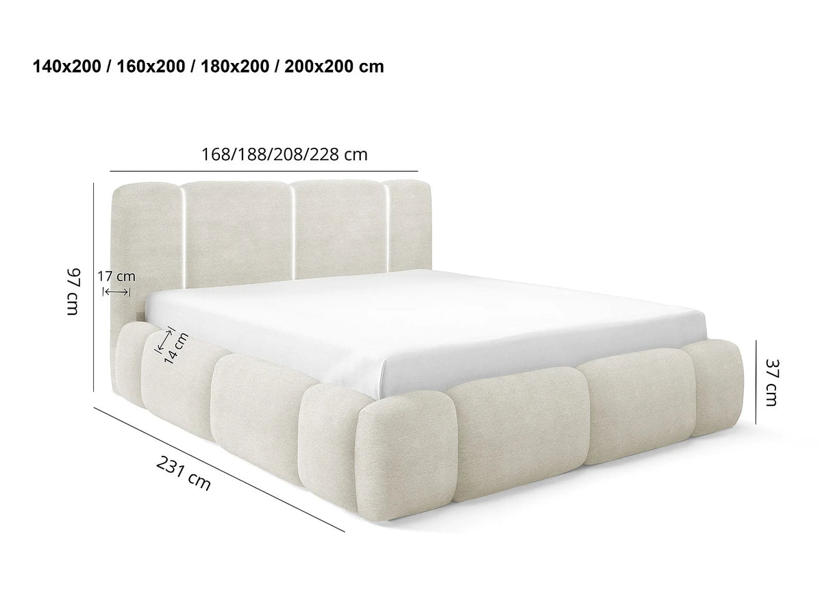Lit Coffre 200x200 Tissu Gris avec LED — vue 3