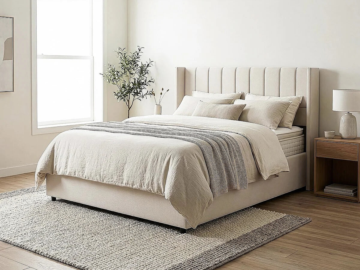Lit Coffre 140x190 Tissu Lin Beige