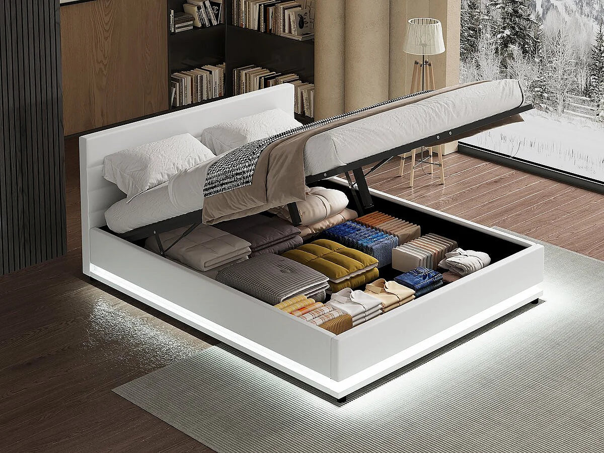 Lit Coffre 160x200 Simili Cuir Blanc avec LED — vue 5