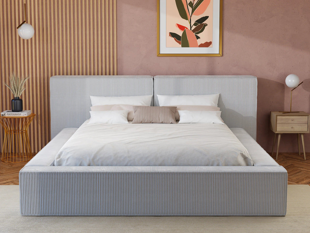 Lit Coffre 180x200 Velours Côtelé Gris clair avec Matelas - TIMANO — vue 13