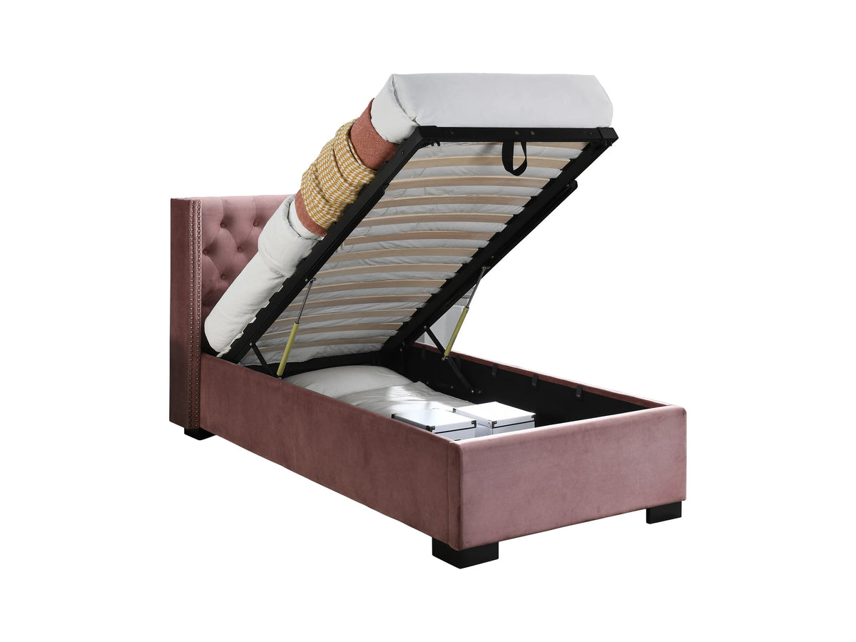 Lit Coffre 90x200 Velours Rose Capitonné - MASSIMO — vue 5