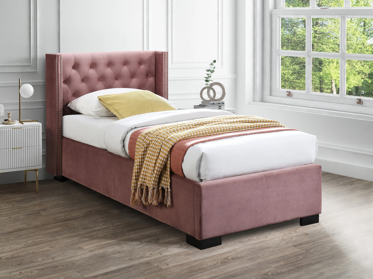Lit Coffre 90x200 Velours Rose Capitonné - MASSIMO