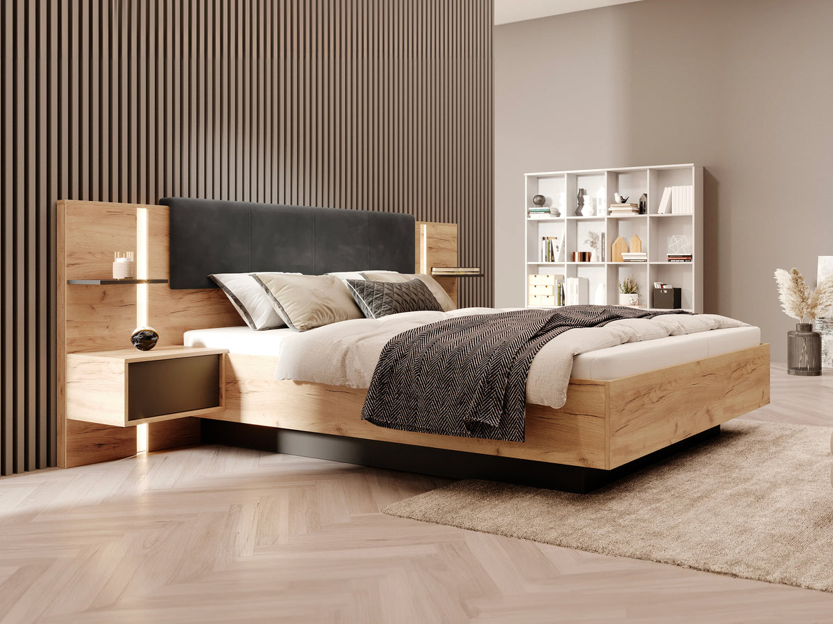 Lit Coffre 160x200 Bois Naturel clair avec Chevets, LED et Tiroirs - ELYNIA — vue 2