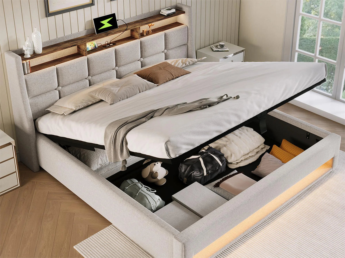 Lit Coffre 160x200 Tissu Lin Beige avec LED et Port USB