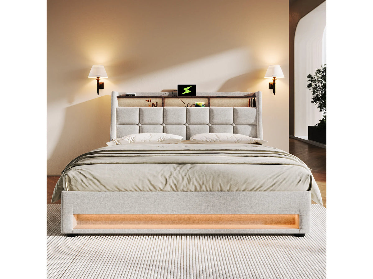 Lit Coffre 160x200 Tissu Lin Beige avec LED et Port USB — vue 3