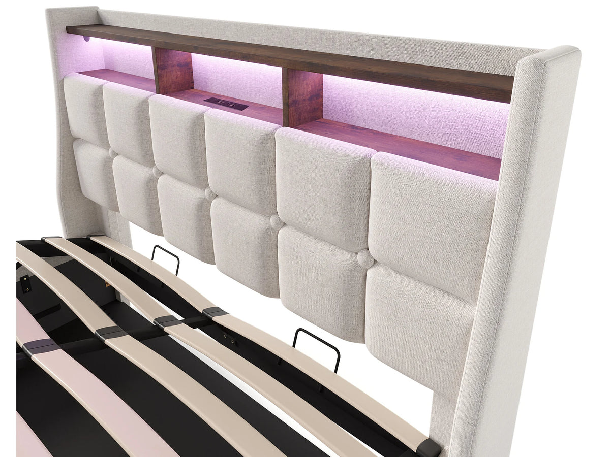 Lit Coffre 160x200 Tissu Lin Beige avec LED et Port USB — vue 6