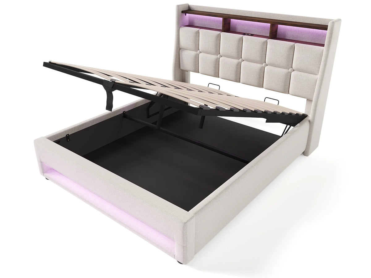 Lit Coffre 160x200 Tissu Lin Beige avec LED et Port USB — vue 10