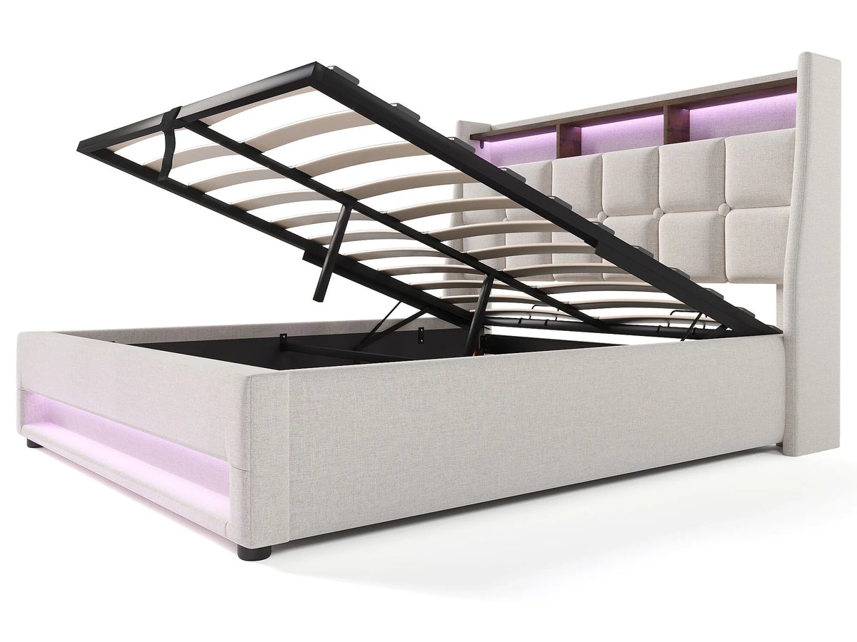 Lit Coffre 160x200 Tissu Lin Beige avec LED et Port USB — vue 4