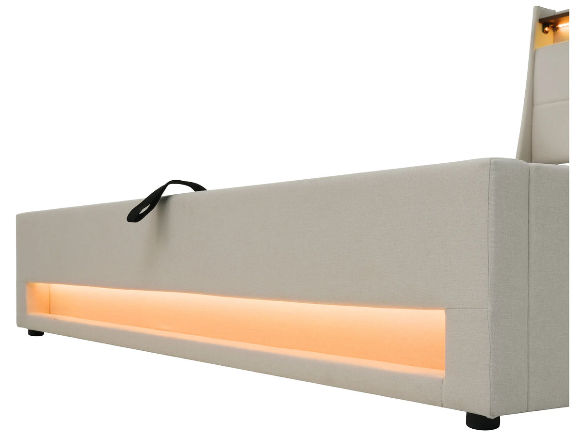 Lit Coffre 160x200 Tissu Lin Beige avec LED et Port USB — vue 9