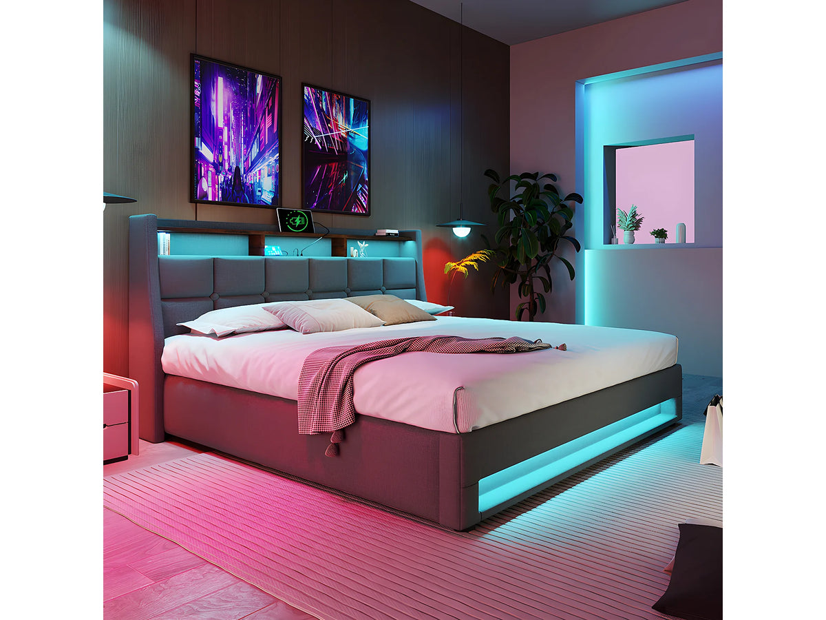 Lit Coffre 140x200 Bois Gris avec LED et Port USB