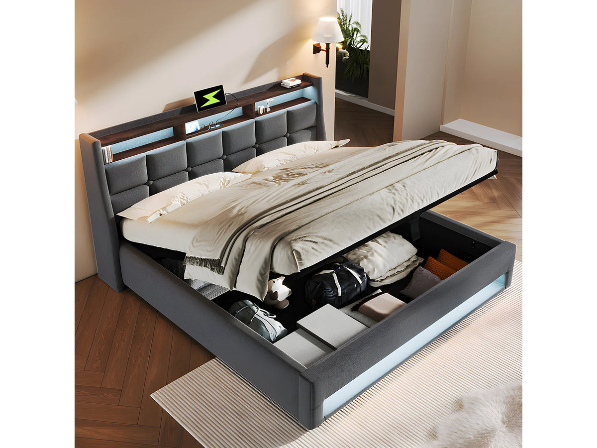 Lit Coffre 140x200 Bois Gris avec LED et Port USB — vue 2