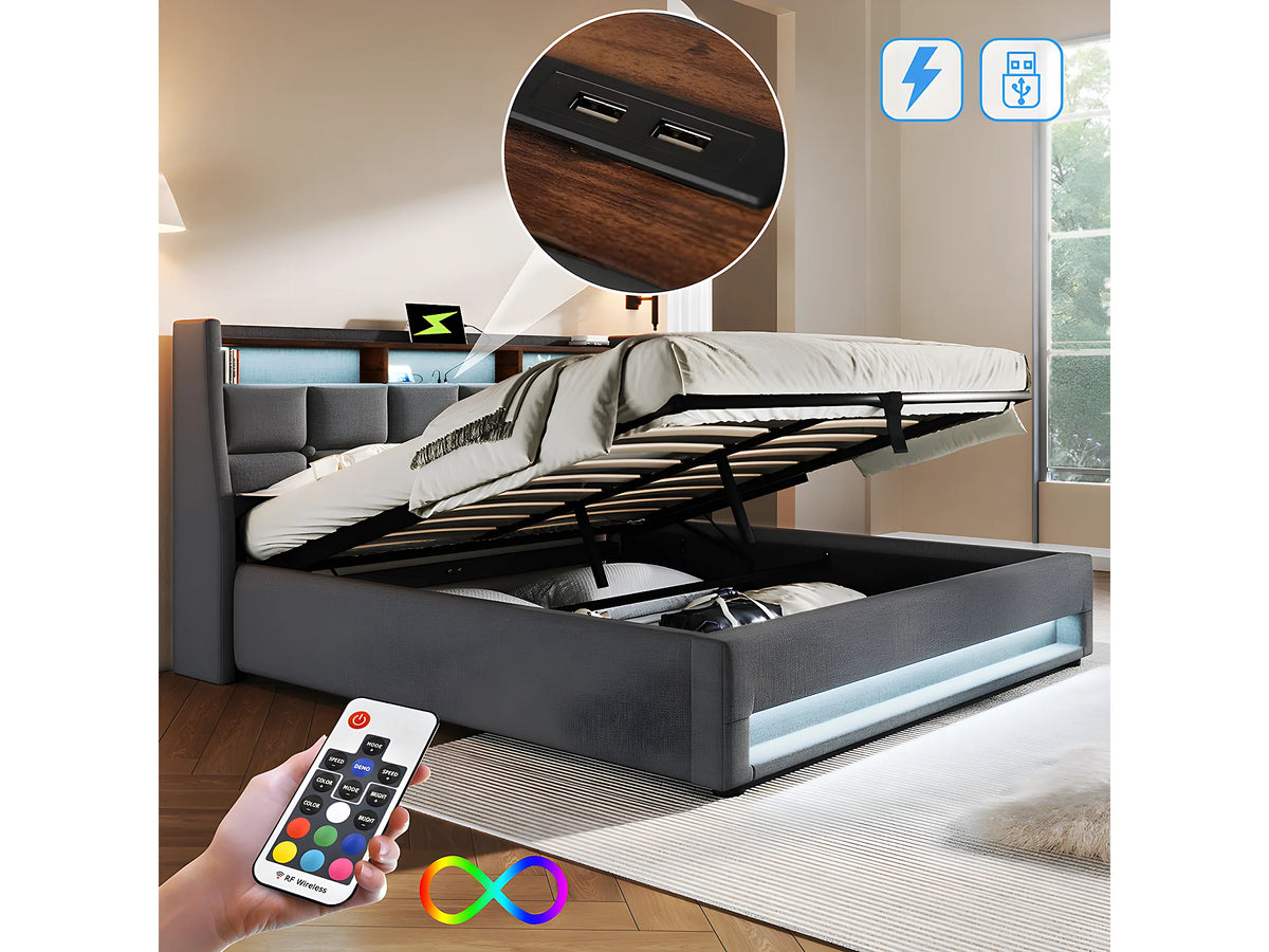 Lit Coffre 140x200 Bois Gris avec LED et Port USB — vue 4