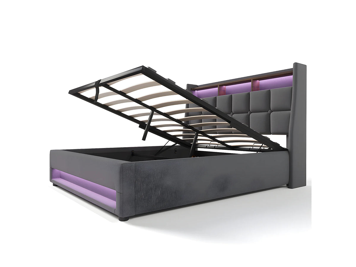 Lit Coffre 140x200 Bois Gris avec LED et Port USB — vue 8