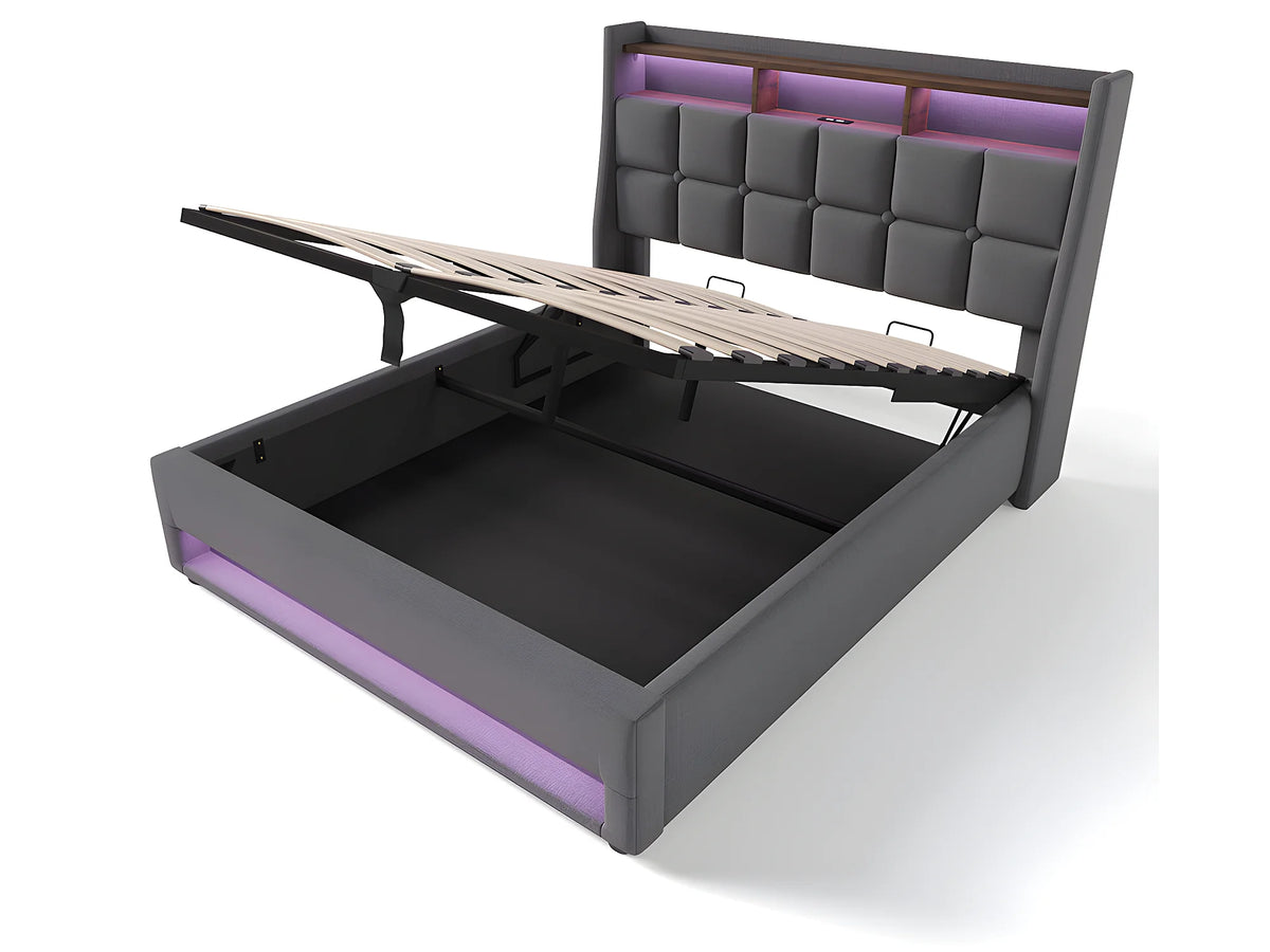 Lit Coffre 140x200 Bois Gris avec LED et Port USB — vue 5