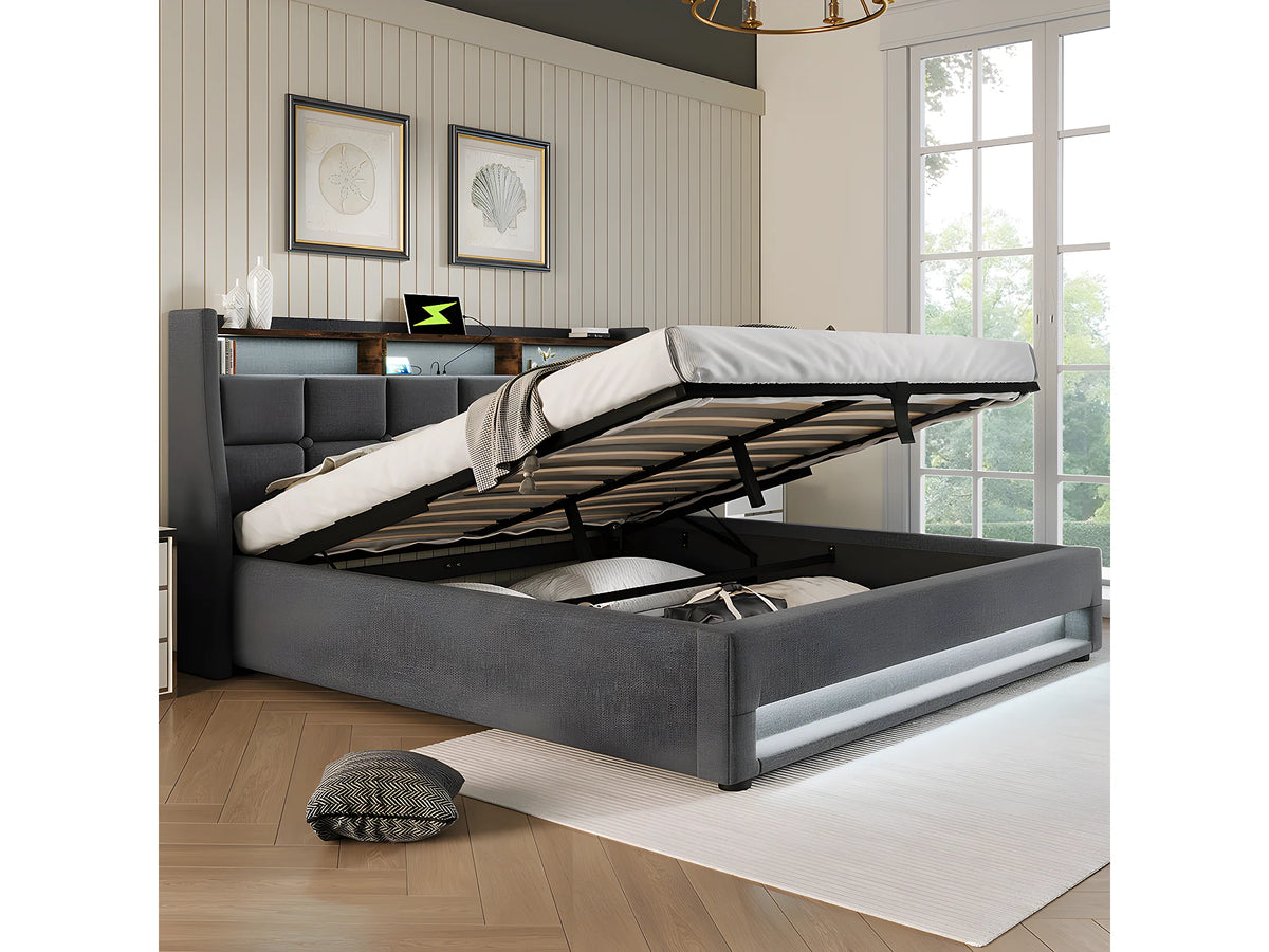 Lit Coffre 140x200 Bois Gris avec LED et Port USB — vue 9