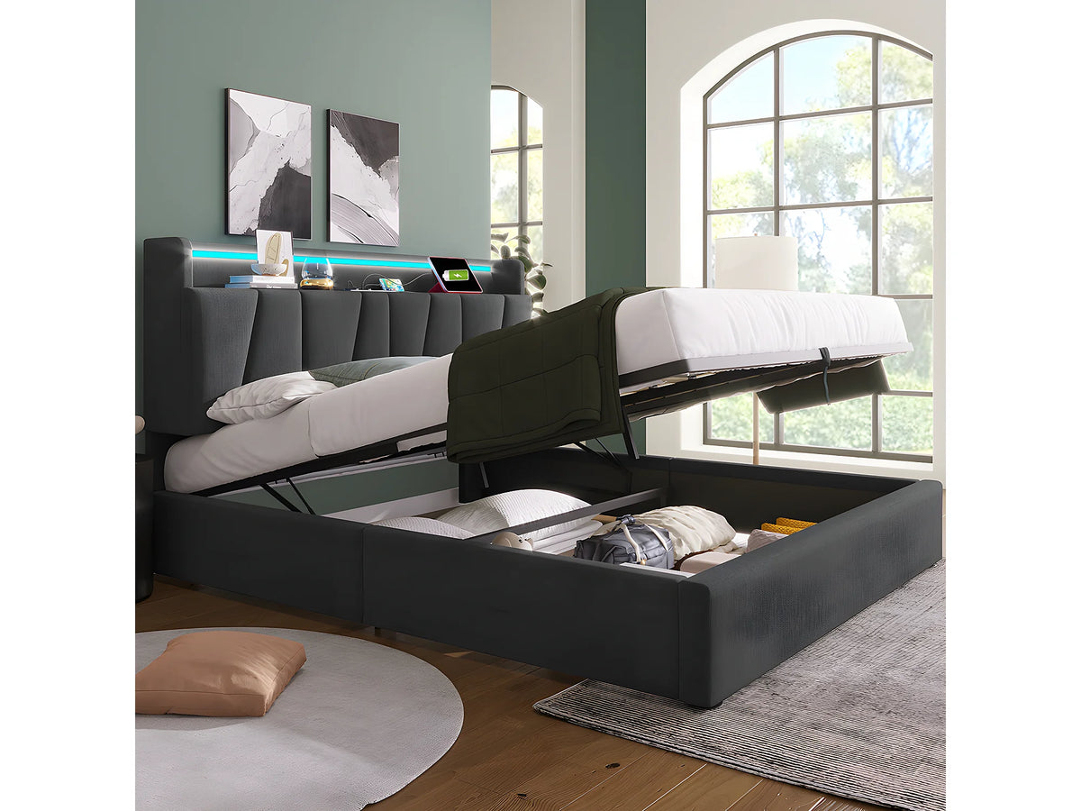 Lit Coffre 160x200 Bois Gris Capitonné avec Chevets, LED et Port USB — vue 3