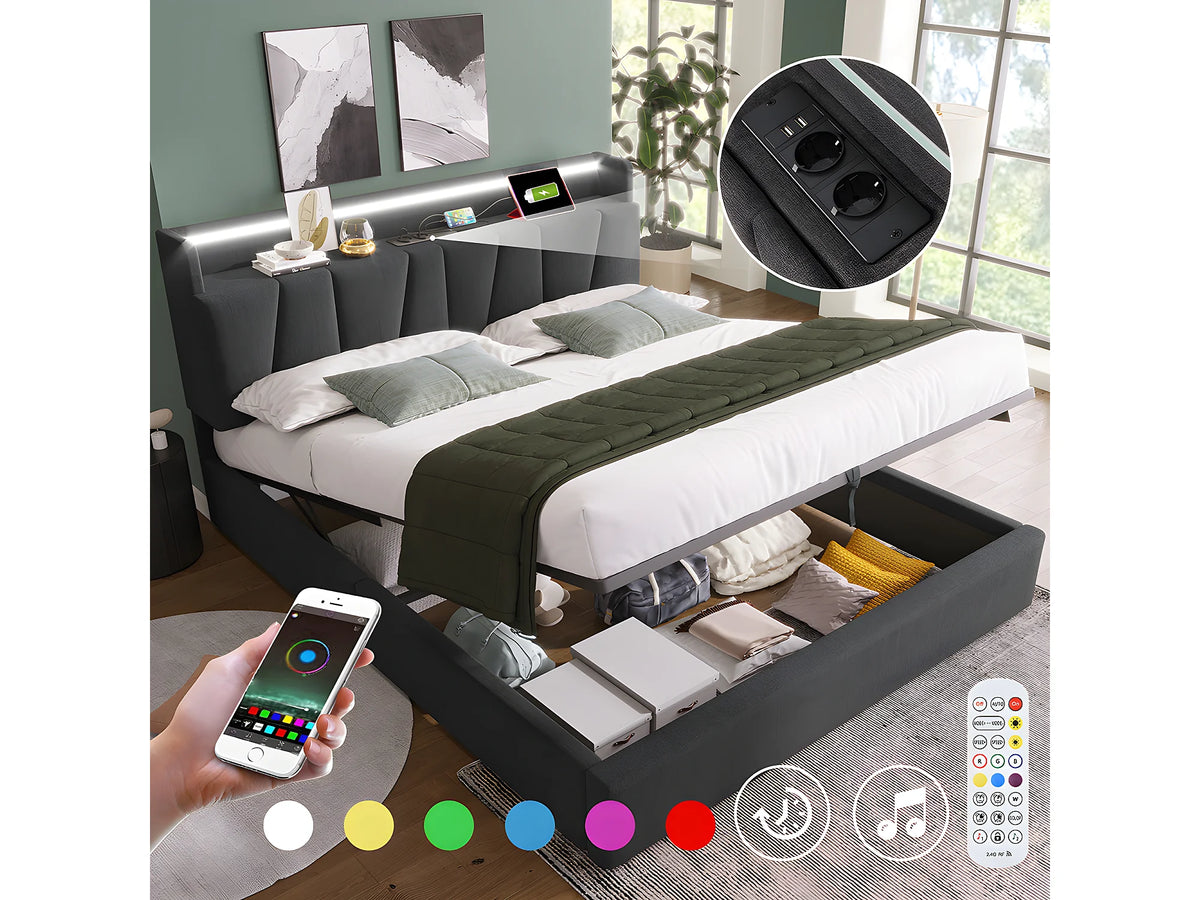 Lit Coffre 160x200 Bois Gris Capitonné avec Chevets, LED et Port USB — vue 4