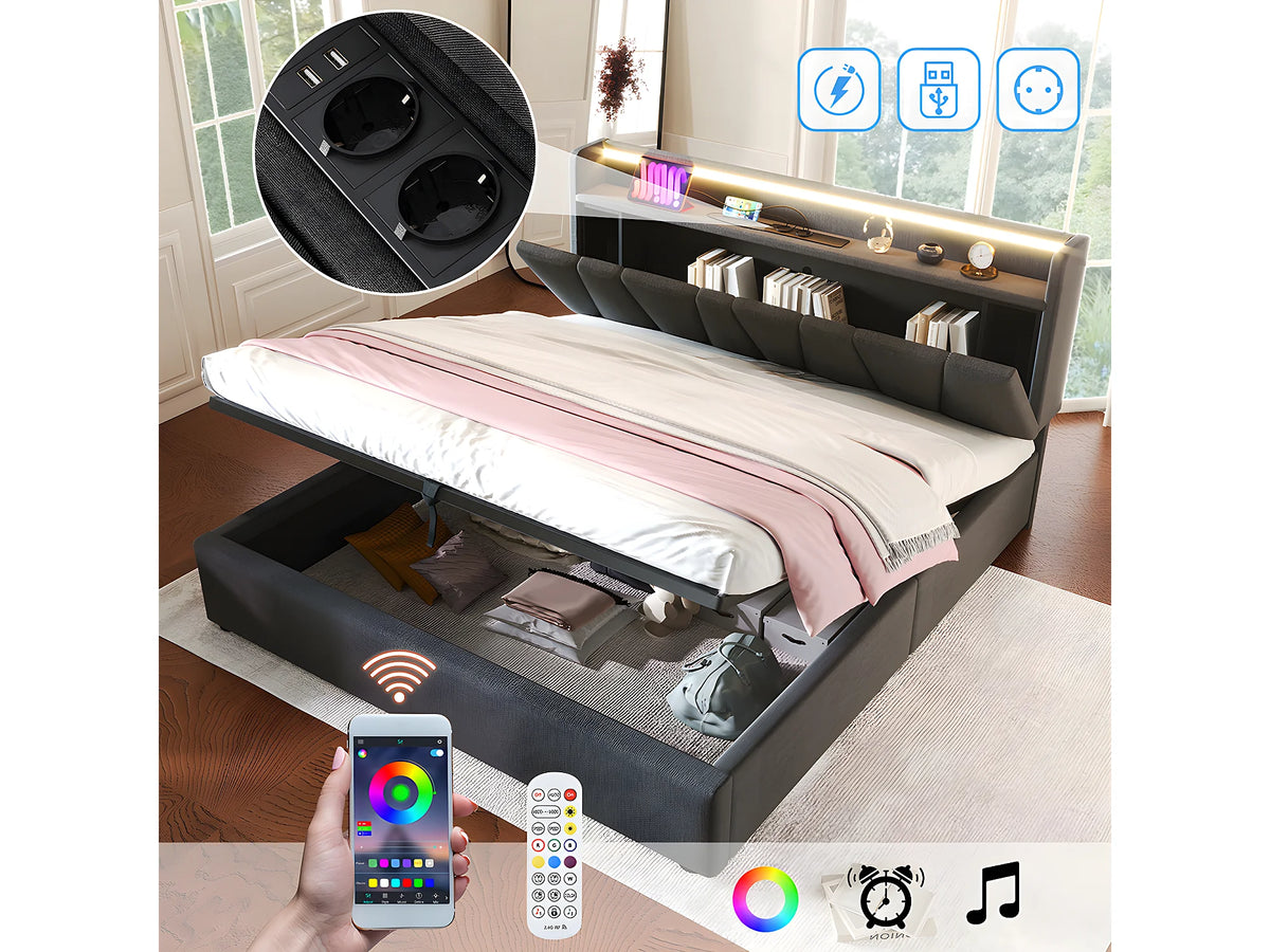 Lit Coffre 160x200 Bois Gris Capitonné avec Chevets, LED et Port USB — vue 10