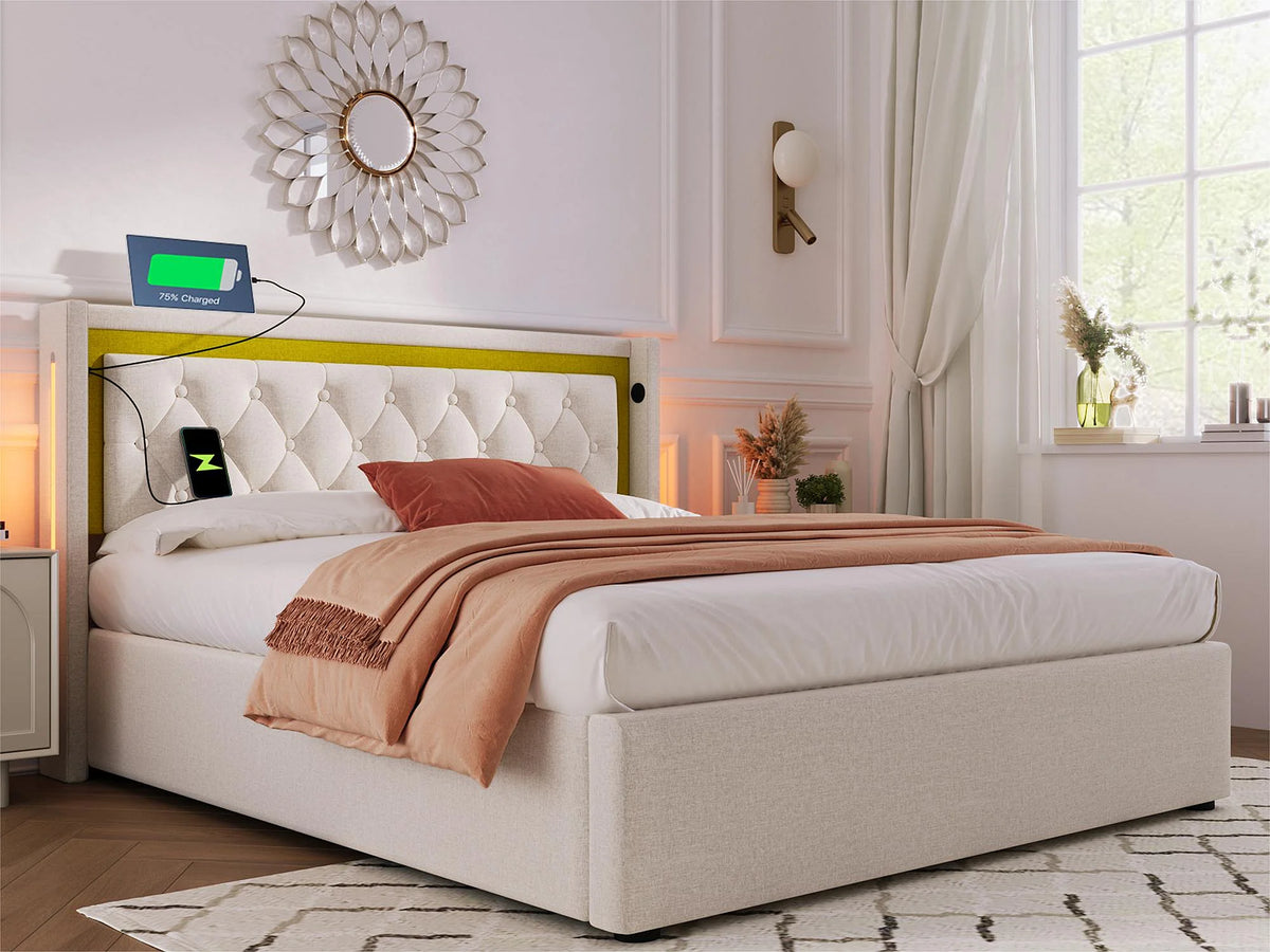 Lit Coffre 140x200 Coton Beige avec LED et Port USB