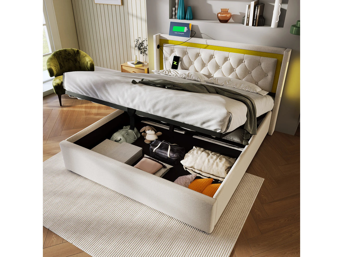 Lit Coffre 140x200 Coton Beige avec LED et Port USB — vue 2