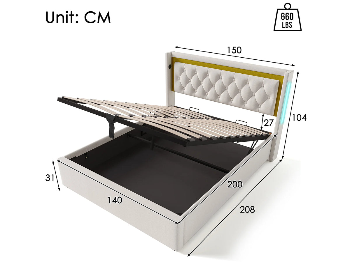 Lit Coffre 140x200 Coton Beige avec LED et Port USB — vue 9