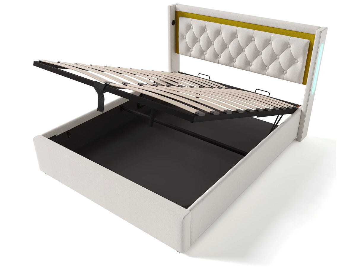 Lit Coffre 140x200 Coton Beige avec LED et Port USB — vue 7