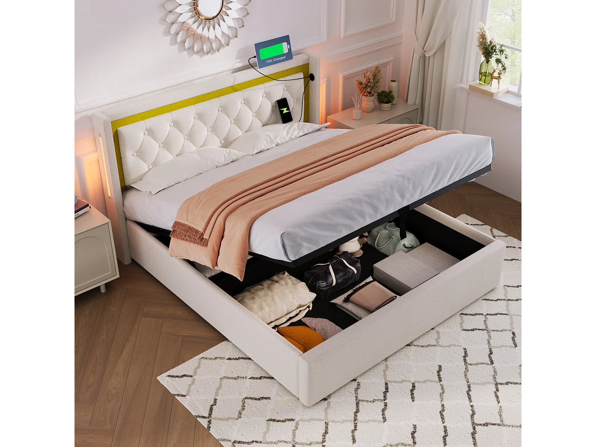 Lit Coffre 140x200 Coton Beige avec LED et Port USB — vue 4