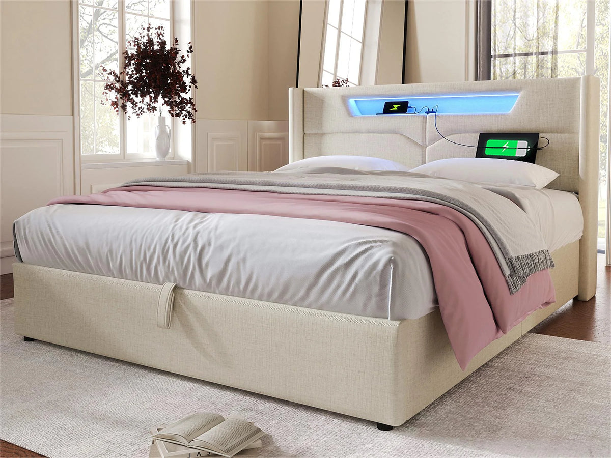 Lit Coffre 140x200 Tissu Lin Beige avec LED et Port USB