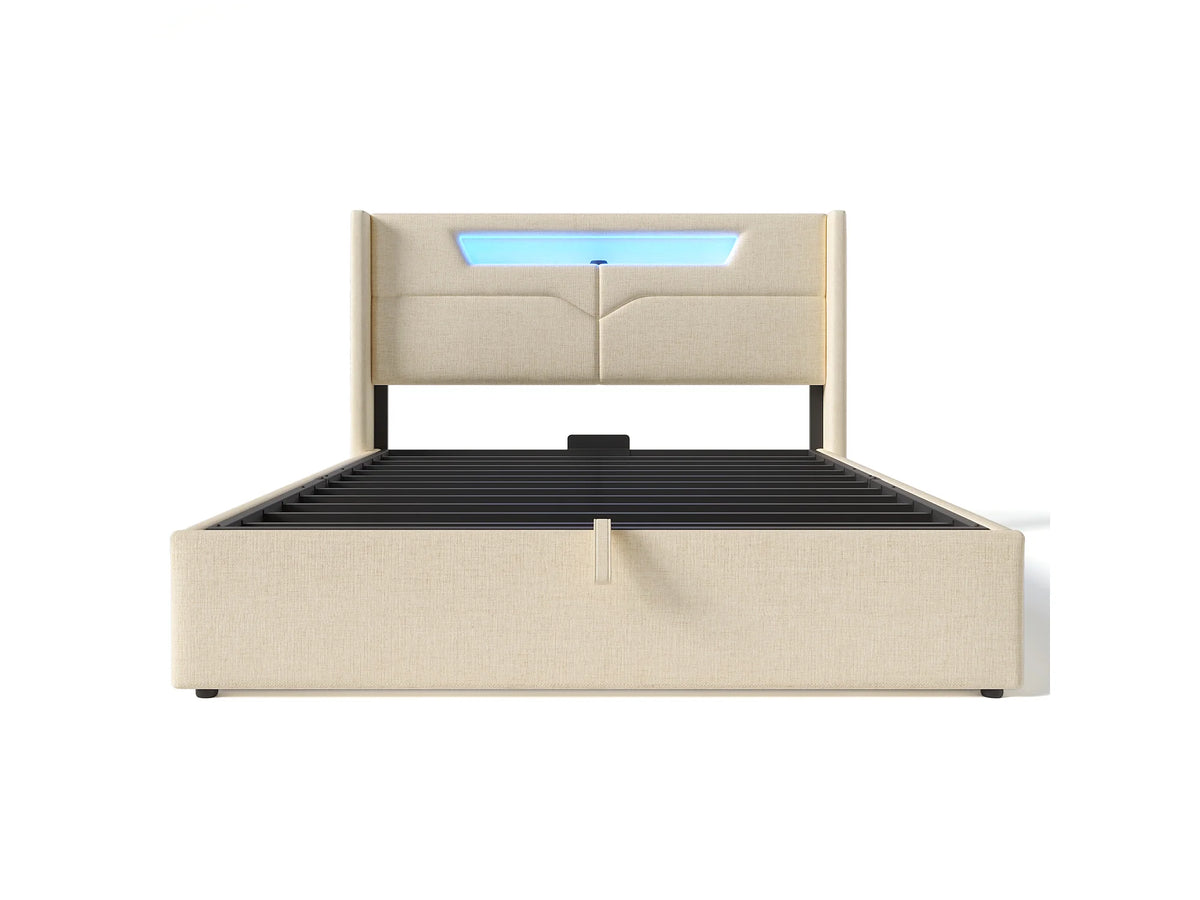 Lit Coffre 140x200 Tissu Lin Beige avec LED et Port USB — vue 3