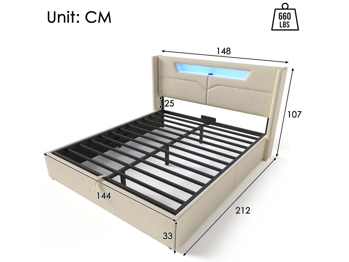 Lit Coffre 140x200 Tissu Lin Beige avec LED et Port USB — vue 7